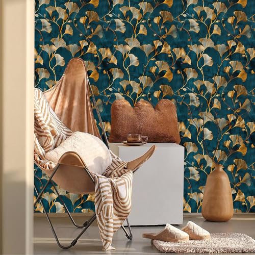 MuralPeel Teal Blue Yellow Gingko Leaf Vintage Peel and Stick Wallpaper Self Adhesive Removable Easy Peel Off Stick on Wall Paper for Bedroom Cabinet Renter
