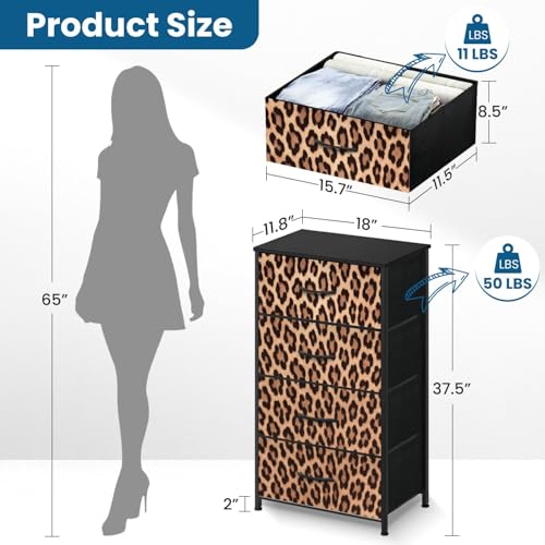 Dresser for Bedroom with 4 Fabric Storage Drawers, Leopard Seamless Imitation Leopard Skin Chest of Drawers for Closet, Living Room, Nusery, Hallway