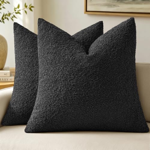 MIULEE 18x18 Decorative Lumbar Boucle Couch Pillow Covers Black | Set of 2 Textured Neutral Throw Pillow Covers, Accent Solid Pillowcases, Sofa Living Room Home Decor - color: Black, size: 18" x 18" (Pack of 2)