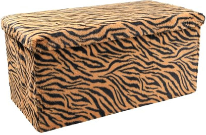 Luxe Faux Fur Storage Ottoman, Tiger Tan/White, 30 x 15 x 15 in | Engineered Wood, Tool-Free Assembly, Modern Style, Seat And Footrest - color: Tiger Tan/White, size: 30"D x 15"W x 15"H