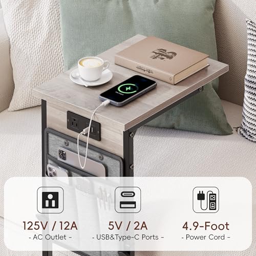 C Shaped End Table with Charging Station, Adjustable Height Side Table for Couch Recliner, Small Sofa Table with Storage Bag, Slide Under Sofa TV Tray Arm Table for Living Room, Bedroom, Gray - color: Greige, style: With Plug