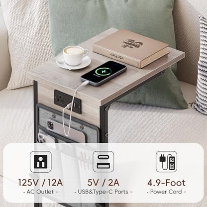 C Shaped End Table with Charging Station, Adjustable Height Side Table for Couch Recliner, Small Sofa Table with Storage Bag, Slide Under Sofa TV Tray Arm Table for Living Room, Bedroom, Gray - color: Greige, style: With Plug