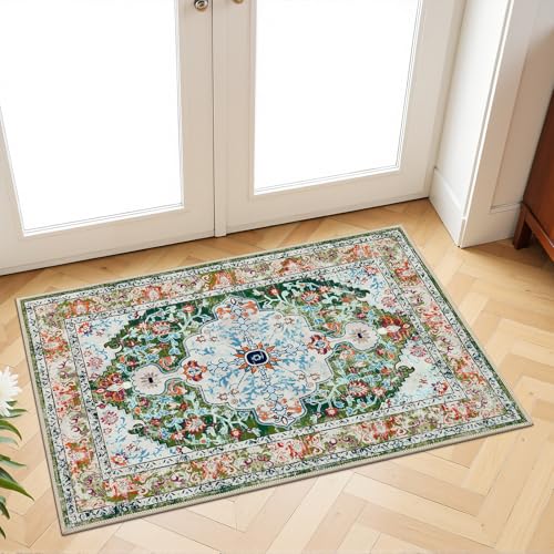 U'Artlines 2'x3' Boho Hallway Runner Rug Non Slip Washable Runners,Green | Vintage Farmhouse Kitchen Rug Accent Area Carpet for Entryway Laundry and Living Room - color: Green, size: 2 x 3 ft (Runner)