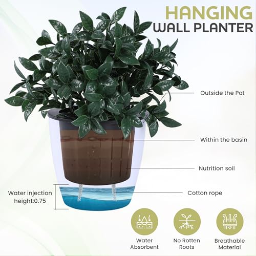 Self Watering Wall Mounted Planters | Set of 3 White Indoor/Outdoor Hanging Planter with Double Layer Design & Flat Backed for Mounting | Effortless Plant Care & Stylish Wall Pots.