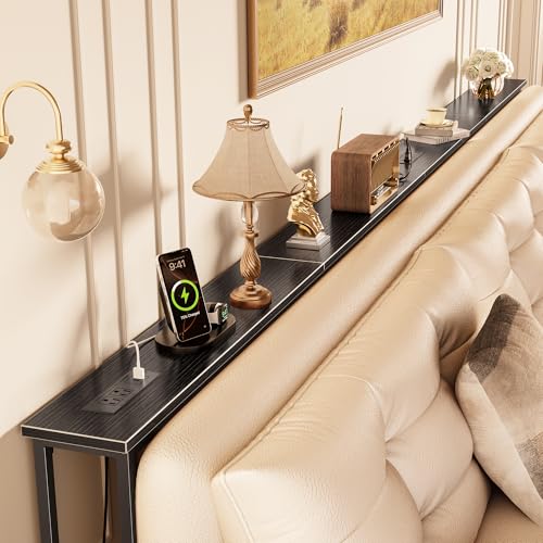 Huuger 118 Inch Sofa Table with Power Outlets, Skinny Behind Couch Table | 5.9 Inch Narrow Entryway Table, Extra-Long Console Table, Behind the Couch Table with Outlet for Living Room, Black - color: Black, size: 5.9"D × 118.1"W × 29.7"H