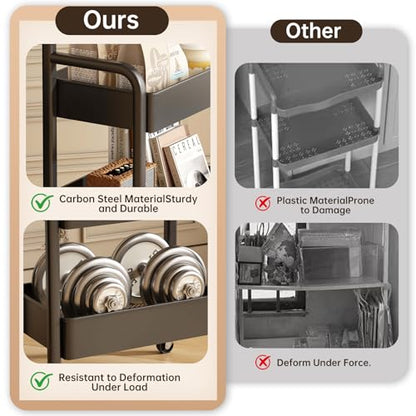 3 Tier Metal Rolling Utility Cart Organizer with Walnut Table Top, Stable and Sturdy Rolling Storage Carts with 2 Lockable Wheels for Kitchen，Bathroom，Snacks，Coffee，Craft，Makeup，Baby Essentials