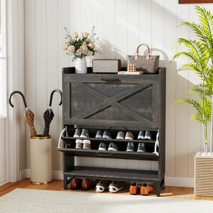 Miereirl Rustic Farmhouse Shoe Cabinet with 2 Flip Drawers, Narrow Entryway Shoe Storage Organizer for 12–16 Pairs, Space-Saving Hallway Shoe Rack with Metal Frame & Top Shelf for Bags (Dark Gray)