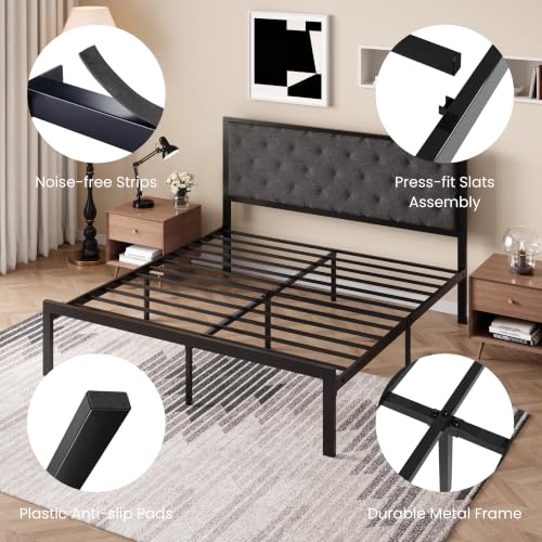 SHA CERLIN King Size Metal Bed Frame with Linen Tufted Headboard, Dark Gray | Modern Design Heavy-Duty Platform Bed, No Box Spring Need, Linen Fabric Upholstery, Noise Free, Easy Assembly - color: Dark Grey, size: King