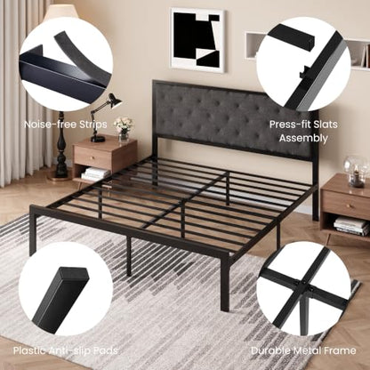 SHA CERLIN King Size Metal Bed Frame with Linen Tufted Headboard, Dark Gray | Modern Design Heavy-Duty Platform Bed, No Box Spring Need, Linen Fabric Upholstery, Noise Free, Easy Assembly - color: Dark Grey, size: King