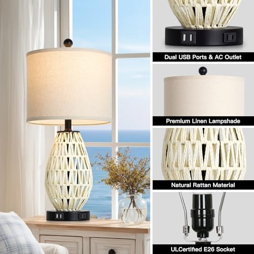 CINSARY Touch Control Rattan Table Lamps, 3 Way Dimmable Bedside Lamps for Bedroom Set of 2 with 2 USB Ports and AC Outlet, Wicker Nightstand Lamps for Living Room (LED Bulbs Included), White - color: White