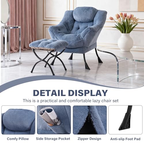 Modern Lazy Chair with Ottoman Lounge Accent Reading Chair for Living Room | Foldable Footstool,Removable Cover,Soft Padded Seat & Backrest,Upholstered Comfy Chair for Bedroom,Dorm,Office,Small Space - color: Plush Light Blue