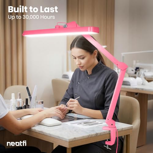 Neatfi XL 2,500 Lumens 30W LED Task Lamp for Manicure Table, Crafts, Workbench, Office – 22” Wide Shade Desk Light | Eye-Caring 6500K | 4-Level Brightness (Pink, Non-CCT with Clamp) - color: Pink