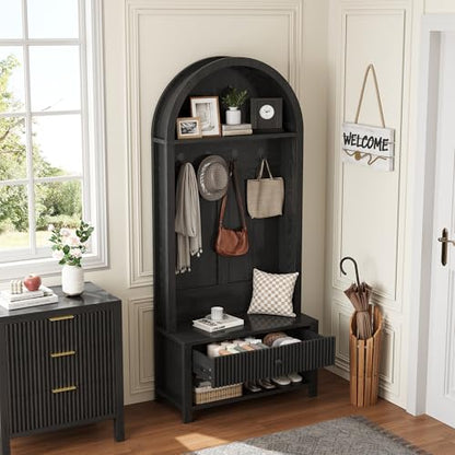 70.86-inch Entryway Hall Tree, Farmhouse-Style Wooden Coat Rack Freestanding, Entryway Organizer with Four Hooks, Standing Shoe Rack with Bench for Hallways, Foyers, and Living Rooms, Black - color: Black