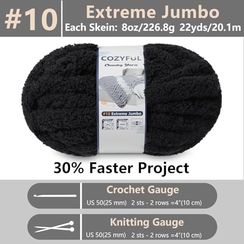 Cozyful Chunky Yarn for Hand Knitting - #10 Chunky Chenille Yarn, Jumbo Big Thick Chunky Yarns for Crocheting, Super Bulky Chunky Knit Blanket Yarns, 8 Skein (22 yds 8 oz Each Skein), Black - color: Black