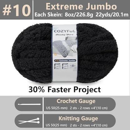 Cozyful Chunky Yarn for Hand Knitting - #10 Chunky Chenille Yarn, Jumbo Big Thick Chunky Yarns for Crocheting, Super Bulky Chunky Knit Blanket Yarns, 8 Skein (22 yds 8 oz Each Skein), Black - color: Black