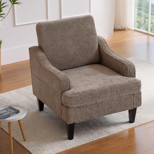 Accent Chair for Living Room,Mid-Century Arm Chair Chenille Fabric Living Room Chairs,Upholstered Reading Chair for Bedroom,Single Sofa Chair with Wood Legs for Apartment (Brown) - color: Brown