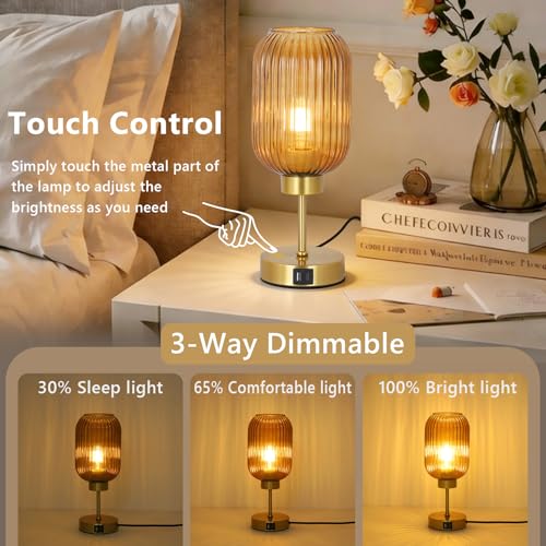 LAMSU Vintage Gold Touch Table Lamp, Small Desk Lamp with Amber Glass Shade, Bulb, Charging Port, Mid Century Modern Bedside Lamp, 3 Way Dimmable Nightstand Lamp for Bedroom Living Room Home Office - color: Amber