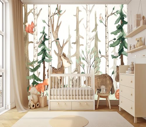 XMPMBM-Cartoon Hand-Painted Animals Woodland Nursery Room Fabric Wallpaper Graffiti Pine Forest Kids Gaming Room wall Mural-W 176" X H 113"（138 Square Foot） - color: X33, size: 176"x113"
