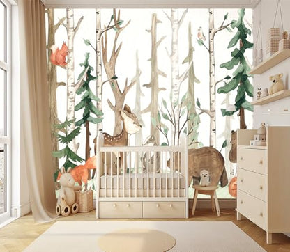 XMPMBM-Cartoon Hand-Painted Animals Woodland Nursery Room Fabric Wallpaper Graffiti Pine Forest Kids Gaming Room wall Mural-W 176" X H 113"（138 Square Foot） - color: X33, size: 176"x113"