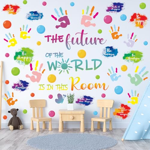Colorful Inspirational Wall Decals for Classroom Décor, 5 Sheet 71 Pcs | Vinyl Paint Splatter Handprint Inspirational Quotes Wall Stickers for Kids Bedroom School Nursery Decorations - color: World Future