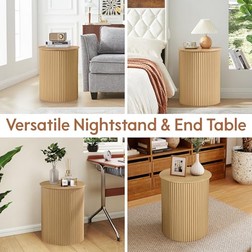 Round Fluted Side Table Set of 2, 17.7" Mid-Century Modern End Tables, Wooden Bedside Table Round Nightstand Small Circle Sofa Accent Table for Living Room, Bedroom Home(Natural) - color: Natural, size: 17.7"D x 17.7"W x 21.6"H