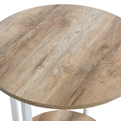 Household Essentials Jamestown Round Side End Table with Storage Shelf, Coastal Oak Rustic Wood Grain and White Metal Frame - color: Coastal Oak