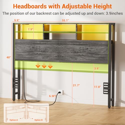 Aheaplus Headboard for Full Size Bed with Storage, Headboards with Outlets | Full Size Head Board Only, with USB Ports and LED Light, Height Adjustable, Reversible, Sturdy & Stable Headboard, Black Oak - color: Black Oak, size: Full, style: Wood