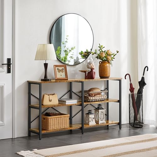 Yaheetech 55" Console Table with 3 Tier Storage Shelves, Rustic Brown | Entryway Table, Sofa Tables Narrow Long for Living Room, Hallway, Sturdy Metal Frame, Behind Couch, Easy Assembly, Industrial