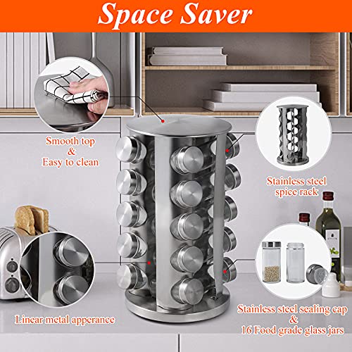DOUBLE 2 C Revolving Spice Rack with 20 Jars, Rotating Spice Rack Organizer, Seasoning Organizer with Labels, Stainless Steel Spice Carousel for Kitchen Countertop, Cabinet
