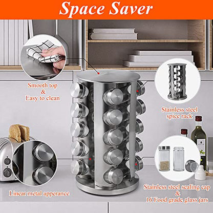 DOUBLE 2 C Revolving Spice Rack with 20 Jars, Rotating Spice Rack Organizer, Seasoning Organizer with Labels, Stainless Steel Spice Carousel for Kitchen Countertop, Cabinet