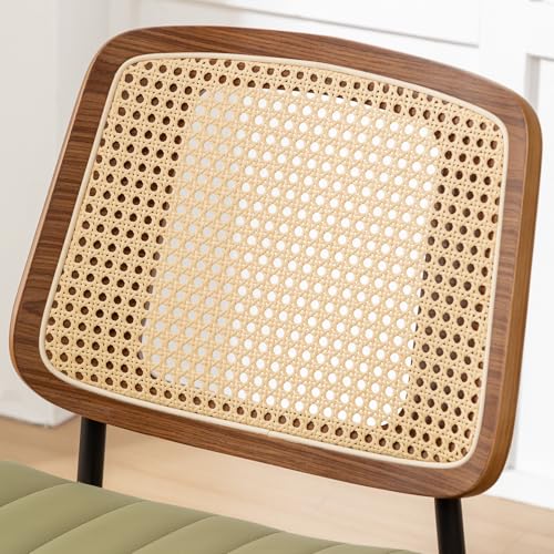 Rattan Dining Chairs Set of 4,Mid Century Green PU Leather Kitchen Chairs,Upholstered Seat Metal Legs Chairs with Adjustable Foot Pads,Walnut Armless Side Chairs - color: Green, size: Set of 4