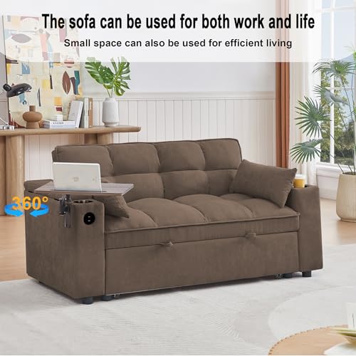 65" 3-in-1 Sofa Bed, Pull Out Sleeper Sofa with 360° Swivel Side Table, Storage Armrests, Cup Holders & USB Charging Ports, Chenille Convertible Couch for Living Room - color: 1107-coffee Brown-