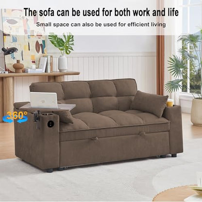65" 3-in-1 Sofa Bed, Pull Out Sleeper Sofa with 360° Swivel Side Table, Storage Armrests, Cup Holders & USB Charging Ports, Chenille Convertible Couch for Living Room - color: 1107-coffee Brown-