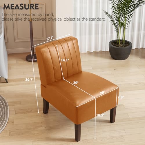 VIRRMO Armless Accent Chairs Set of 2 Upholstered Dining Chairs Living Room Chairs with Solid Wood Legs Bedroom Chair Leather Reading Chair Comfy Chair for Bedroom Vanity Kitchen (Brown) - color: Leather-brown