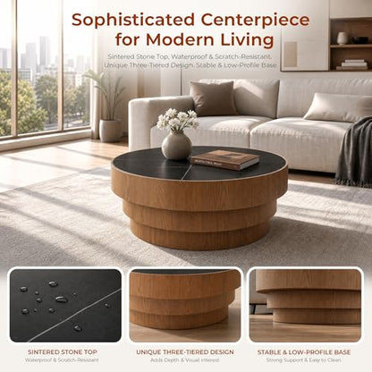 31.5" Round Black Sintered Stone Coffee Table, Mid-Century Modern Marble Coffee Table with Stable Wood Pedestal Base, Circle Drum Cocktail Center Tea Tables for Living Room Bedroom Apartment - color: Black
