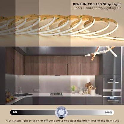BENLUN 12V COB LED Under Cabinet Strip Lighting Cuttable 32.8ft for Kitchen | 4000K Natural White LED Strip Lights Dimmable Adhesive 8W/M CRI 93 with Dimmer and Power Supply for Bookcase Shelf Display - color: Natural White 4000K