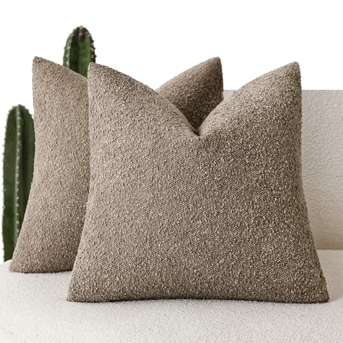 Foindtower Set of 2, Decorative Textured Boucle Throw Pillow Covers Accent Solid Pillow Cases Neutral Soft Cozy Couch Cushion Case for Chair Sofa Bedroom Living Room Home Decor 16x16 Inch Light Brown - color: Brown, size: 16" x 16" (Pack of 2)