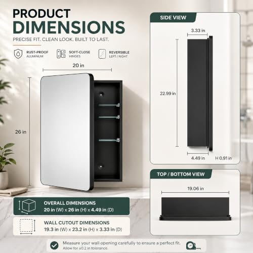 20x26 Black Medicine Cabinet with Mirror, Recessed & Surface Mount | Bathroom mirror with storage: 6 adjustable shelves fit tall bottles; DTC soft-close hinges; rust-resistant aluminum - size: 20" x 26"