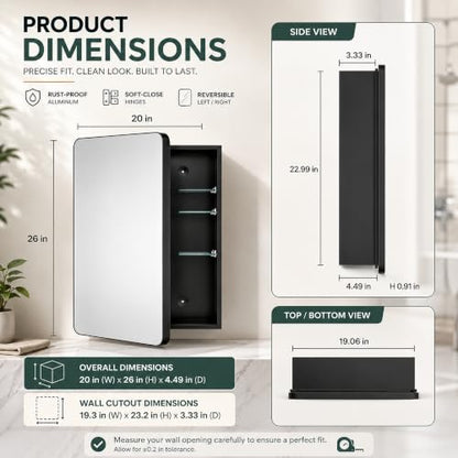 20x26 Black Medicine Cabinet with Mirror, Recessed & Surface Mount | Bathroom mirror with storage: 6 adjustable shelves fit tall bottles; DTC soft-close hinges; rust-resistant aluminum - size: 20" x 26"