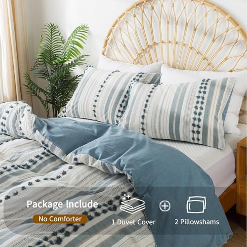 Washed Cotton Twin Size Duvet Cover Set - Tufted Dots Boho Chic Bedding for All Seasons, Striped Bohemain Bedding Linen Like Textured Breathable Durable Soft Comfy (Blue, 66''x90'') - color: Blue, size: Twin