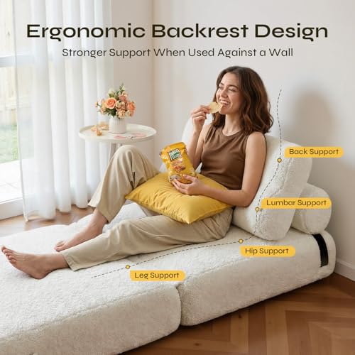 Boneless Folding Sofa Bed, Convertible Sleeper Chair, Off White | Boneless folding sofa bed, 3-in-1 sleeper chair & floor couch. Plush teddy fleece, lumbar pillows, space-saving, no assembly - color: Off-white