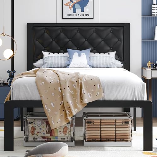 HISOFT Twin Bed Frame with Upholstered Button Tufted Headboard, Bed Frame Platform Metal Slats Support, Under Bed Storage, No Box Spring Needed, Noise-Free, Easy Assembly, Black - color: Black, size: Twin