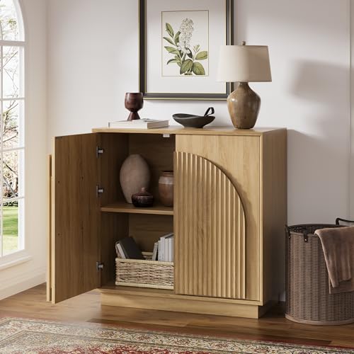 win2win 31.5" Small Buffet Cabinet with Storage, Arched Doors, Oak, 1PCS | Modern Console Cabinet for Dining Living Room Kitchen Entryway, Modular Accent Cabinet, Credenza with Wood Grain, Fluted - color: Oak