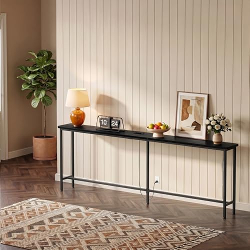 GRLEAF 90 Inch Narrow Sofa Table with Power Outlet, Extra Long Console Table Behind Couch Table with Charging Station, Skinny Entryway Table Thin Table for Living Room, Narrow Spaces (Black) - color: Black, size: 90IN