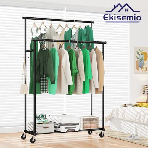 Ekisemio Double Rods Clothes Rack with Wheels Load 400 LBS, 45 Inch Rolling Clothing Rack for Hanging Clothes, Heavy Duty Garment Rack with Shelves, Metal Portable Closet, Black - style: Double Rod