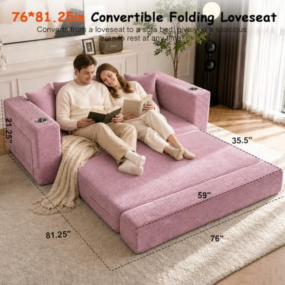 76" Convertible Sofa Bed, Corduroy Boneless Couch with Cup Holders & Pocket | 2-in-1 Sleeper Sofa, Pull-out Couch Bed with 5 Pillows, Living Room, Small Spaces, Bedroom, No Assembly - color: 76" Pink