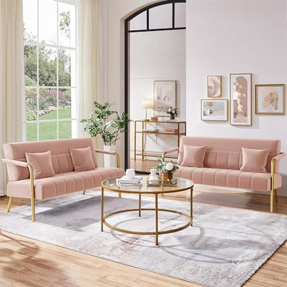 Yaheetech 56.5" Smal Sofa 2 Seater Couch with Gold-Tone Legs, Pink | Small Sofa Loveseat Velve 2 Seater Couch with Tufted Back Gold Metal Frame 2 Pillows for Office, Studio,Living Room - color: Pink, size: 56.5" W