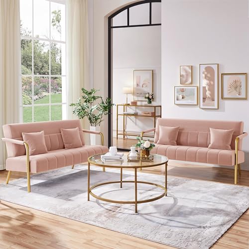 Yaheetech 56.5" Smal Sofa 2 Seater Couch with Gold-Tone Legs, Pink | Small Sofa Loveseat Velve 2 Seater Couch with Tufted Back Gold Metal Frame 2 Pillows for Office, Studio,Living Room - color: Pink, size: 56.5" W
