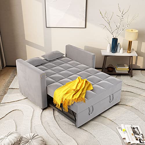 Convertible Sofa Bed,3-in-1 Multi-Functional Velvet Sleeper Couch Pull-Out 48'' Loveseat Bed Chaise Lounge with Adjustable Backrest and Pillows,Hidden Side Table for Living Room,Small Space Grey - color: 3-in-1 Grey Velvet 2 Seater