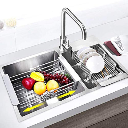 LUEXBOX Expandable Dish Drying Rack Over The Sink, Stainless Steel Drainer Basket with Adjustable Arms for Vegetable and Fruit (Grey) - color: Gray